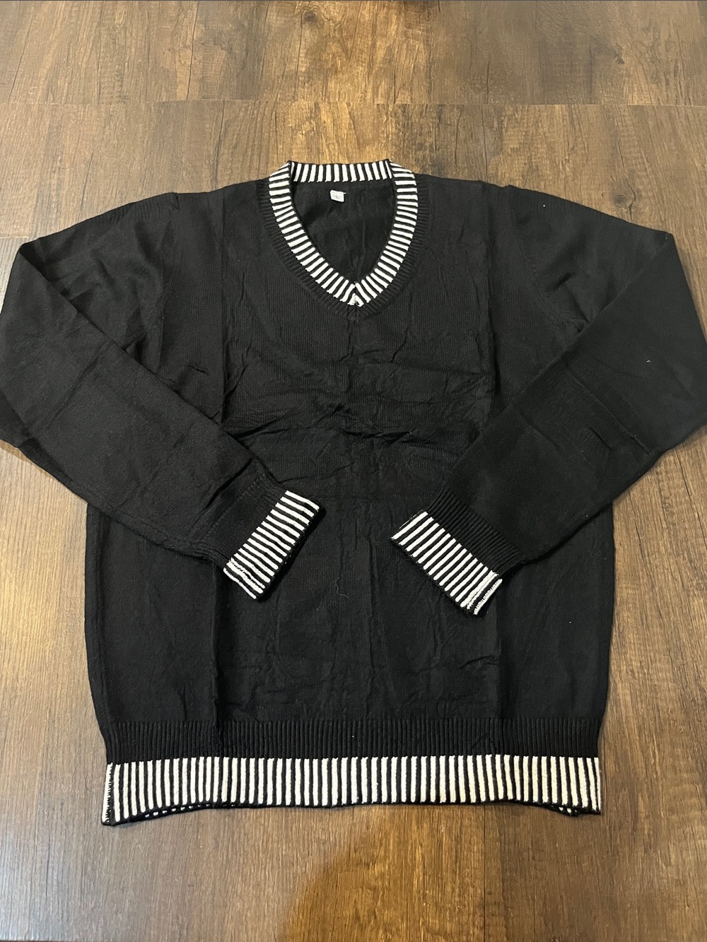 Women’s Black V-Neck Sweater with White Stripe Trim size L